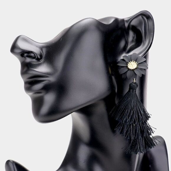 Flower Triple Layered Black Tassel Dangle Earrings - Picture 1 of 5